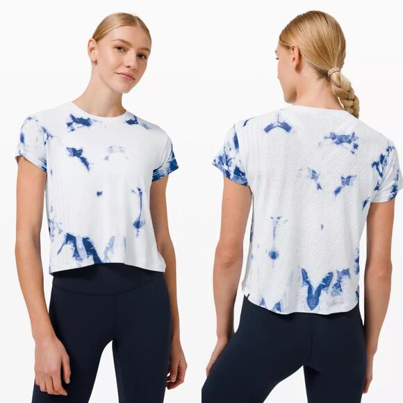Lululemon Train to Be Short Sleeve Shibori Tie Dye Blue White Top Size Medium - Picture 1 of 6